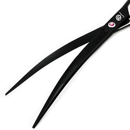 9.0 Inch Twin Tails Downward Curved Blade Pet Grooming Scissors Dog Hair Cutting Shears with Bag for Professional Left Handed or Right Hand Pet Grooomer (Black Downward Curved)