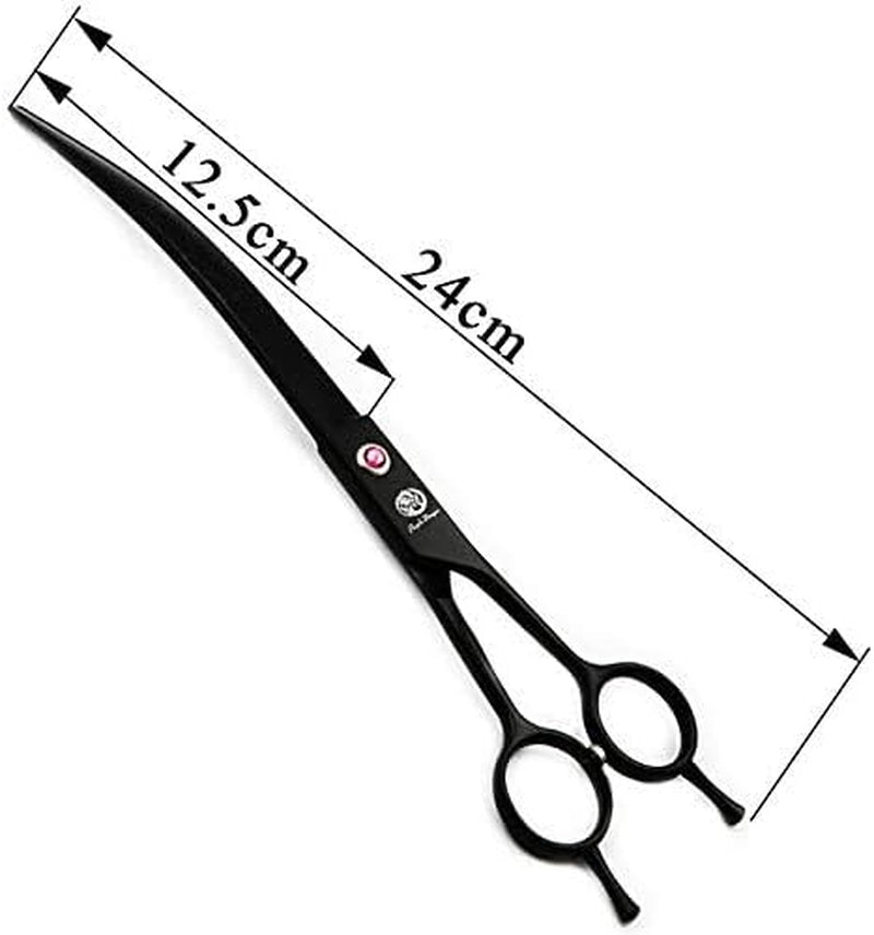 9.0 Inch Twin Tails Downward Curved Blade Pet Grooming Scissors Dog Hair Cutting Shears with Bag for Professional Left Handed or Right Hand Pet Grooomer (Black Downward Curved)
