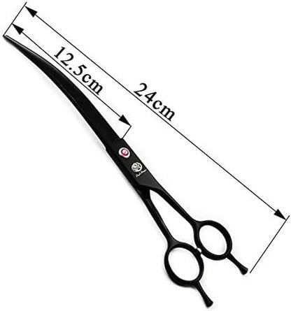 9.0 Inch Twin Tails Downward Curved Blade Pet Grooming Scissors Dog Hair Cutting Shears with Bag for Professional Left Handed or Right Hand Pet Grooomer (Black Downward Curved)