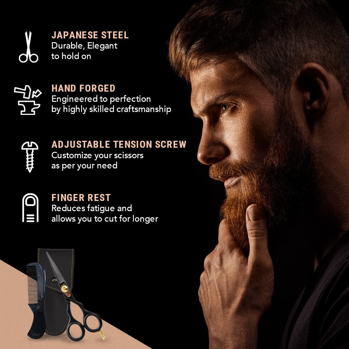 Beard & Moustache Scissors for Men - 5.5" Japanese Steel, Black - Precision Sharp Blades, Ergonomic Finger Rest & Adjustable Tension Screw for Perfect Trimming - Beard Grooming Scissors