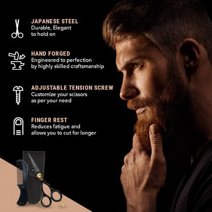 Beard & Moustache Scissors for Men - 5.5" Japanese Steel, Black - Precision Sharp Blades, Ergonomic Finger Rest & Adjustable Tension Screw for Perfect Trimming - Beard Grooming Scissors