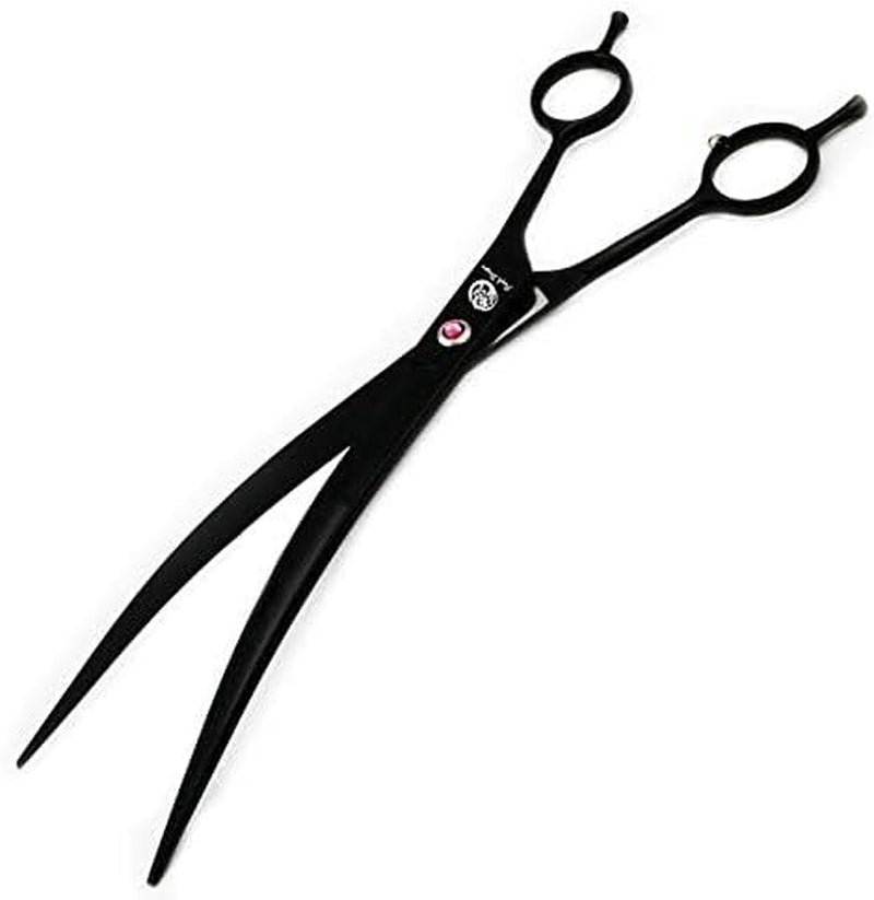 9.0 Inch Twin Tails Downward Curved Blade Pet Grooming Scissors Dog Hair Cutting Shears with Bag for Professional Left Handed or Right Hand Pet Grooomer (Black Downward Curved)