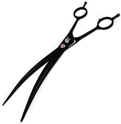 9.0 Inch Twin Tails Downward Curved Blade Pet Grooming Scissors Dog Hair Cutting Shears with Bag for Professional Left Handed or Right Hand Pet Grooomer (Black Downward Curved)