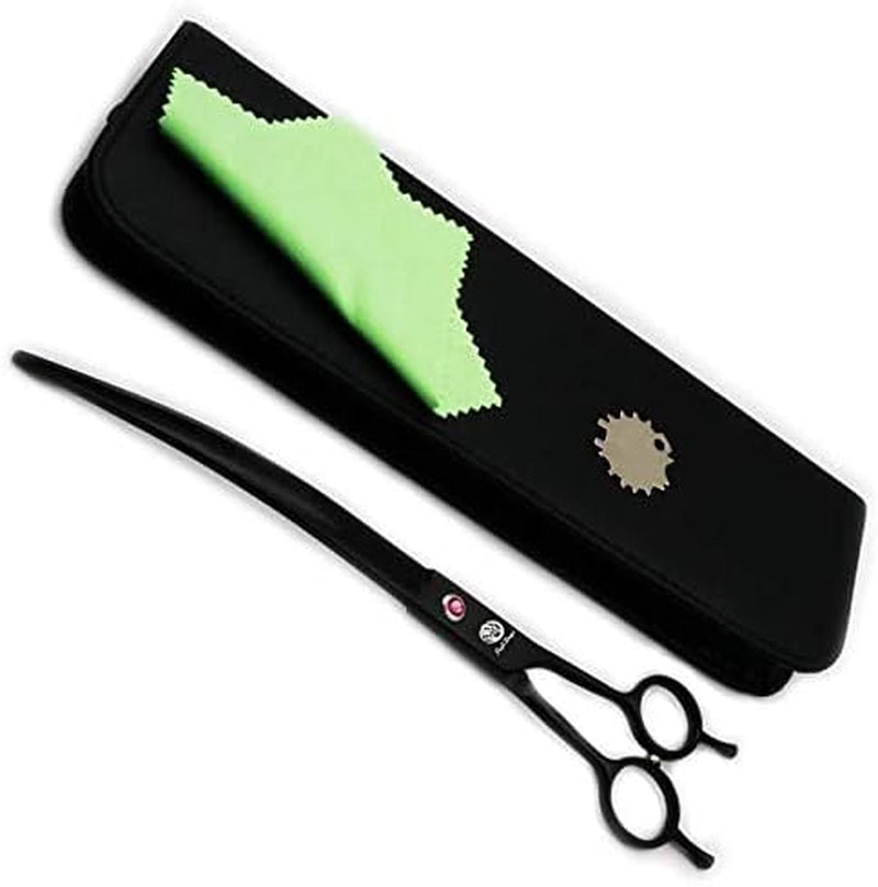 9.0 Inch Twin Tails Downward Curved Blade Pet Grooming Scissors Dog Hair Cutting Shears with Bag for Professional Left Handed or Right Hand Pet Grooomer (Black Downward Curved)
